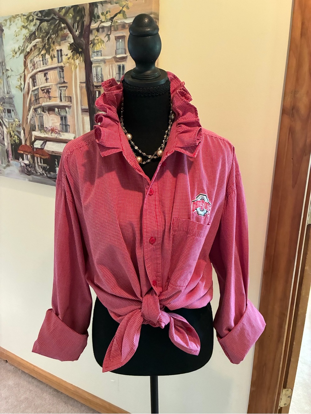 Ruffled Collar Button-Down Shirt in Red with Ohio State crest